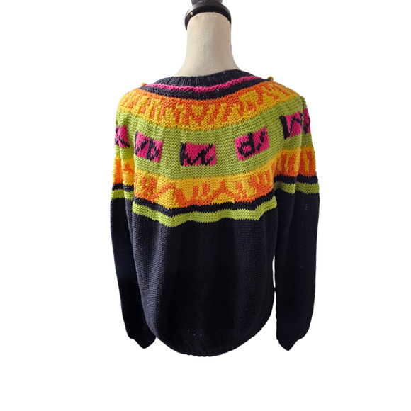 Vtg Tarazzia 80s 3D Knit Sweater FairIsle Women L PomPom Rainbow Artsy Whimsical - Picture 2 of 8